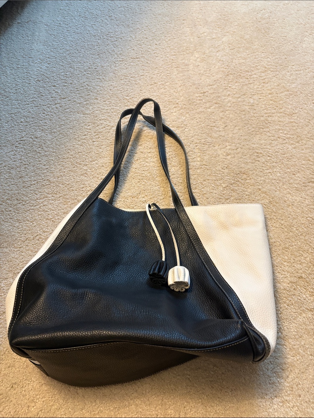 Two-Tone Black and White Leather Tote with Tassel Pulls
